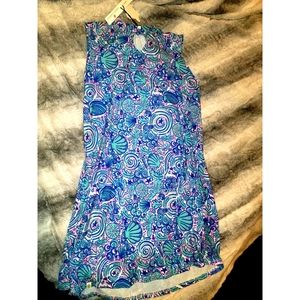 Simply southern, knee length, seashell print, pink and blue dress. Size Large.